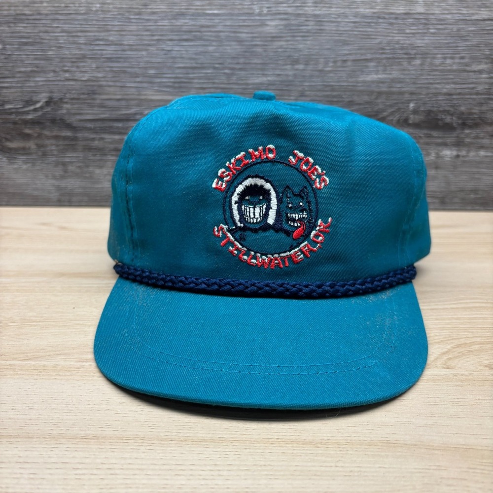 Vintage Eskimo Joe's Hat Cap Strap Back Blue Rope Stillwater OK Imperial 90s Bar